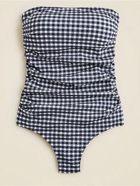 J. Crew Navy and White Gingham Strapless One-Piece Swimsuit